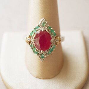 Ruby & Emerald Sterling Silver Cocktail Ring (Size 10)